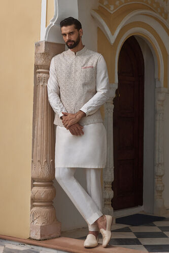 Chaital Embroidered Silk Nehru Jacket - Ivory, Ivory, image 1