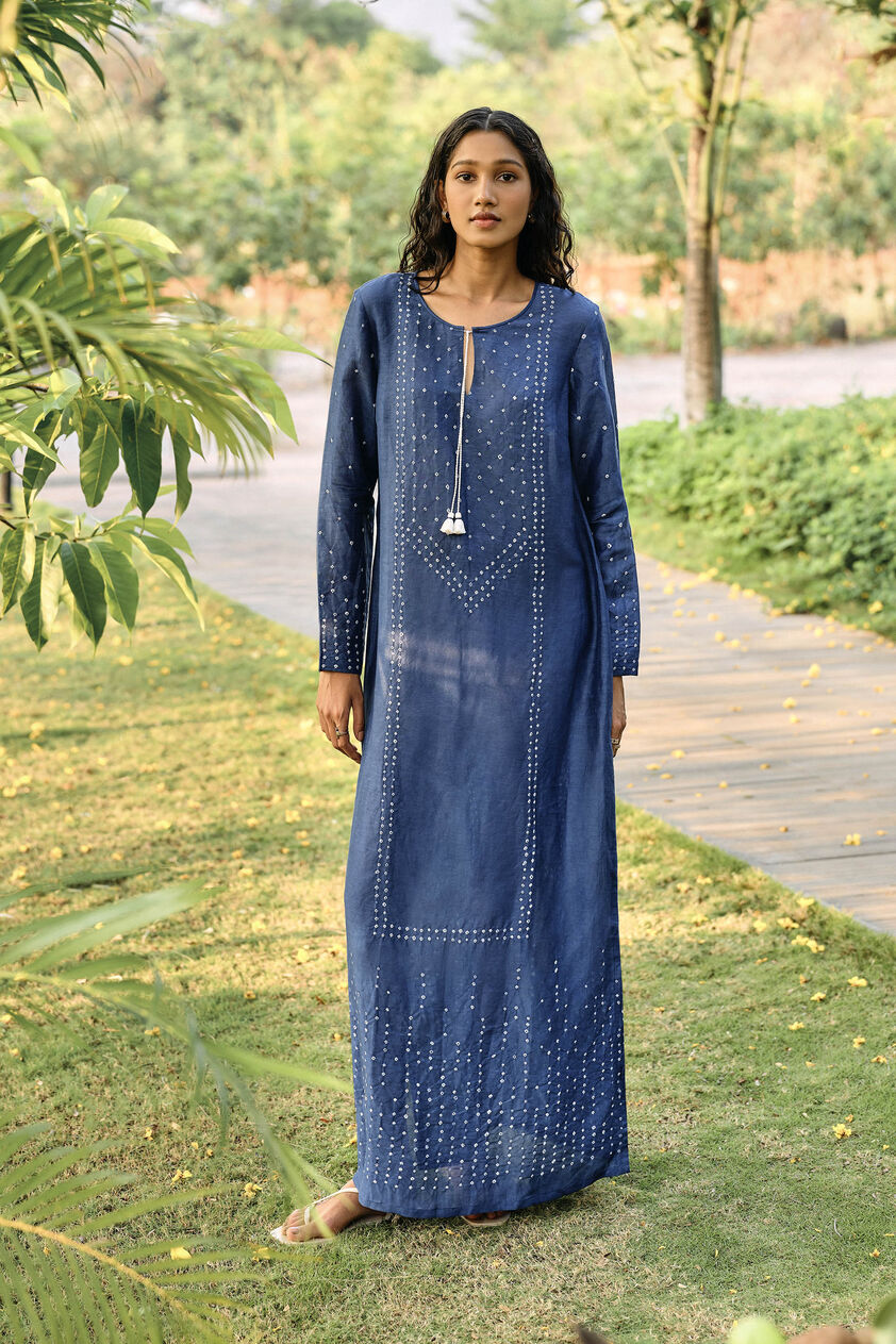 Coast Handcrafted Bandhani Linen Kaftan - Indigo, Indigo, image 1