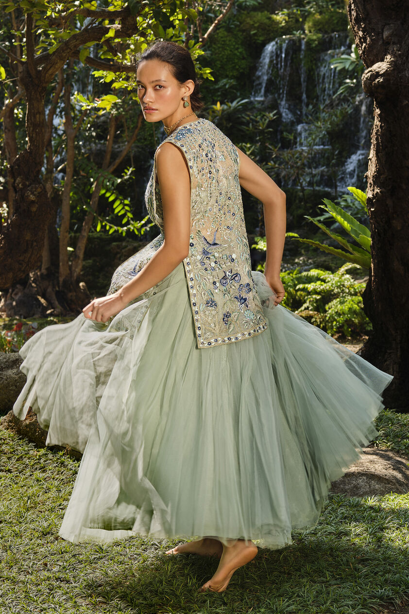 Ardis Embroidered Silk Skirt Set - Sage, Sage, image 2