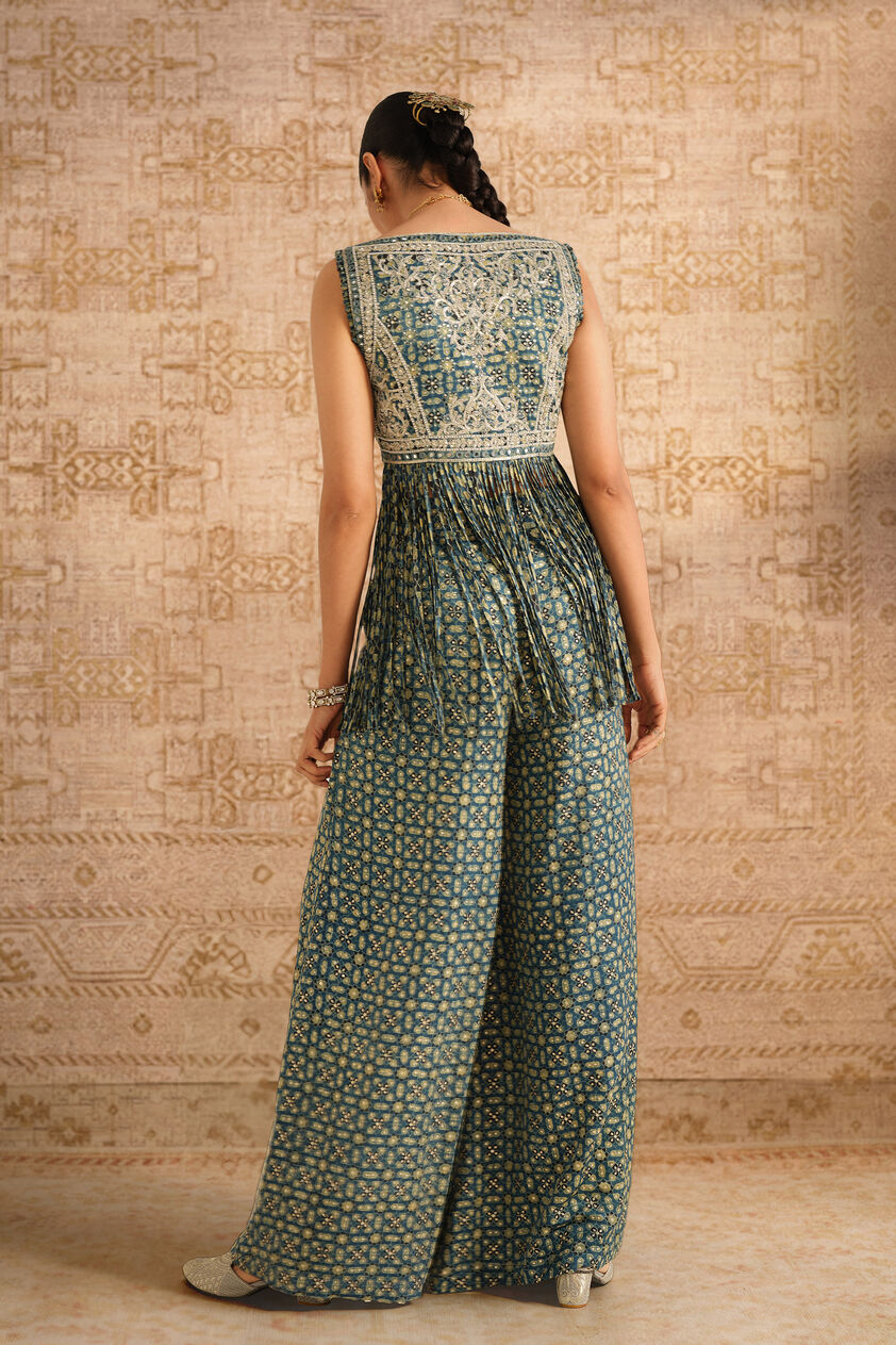Isana Ajrakh Hand-block Printed Fringe Silk Palazzo Set - Blue, Blue, image 2