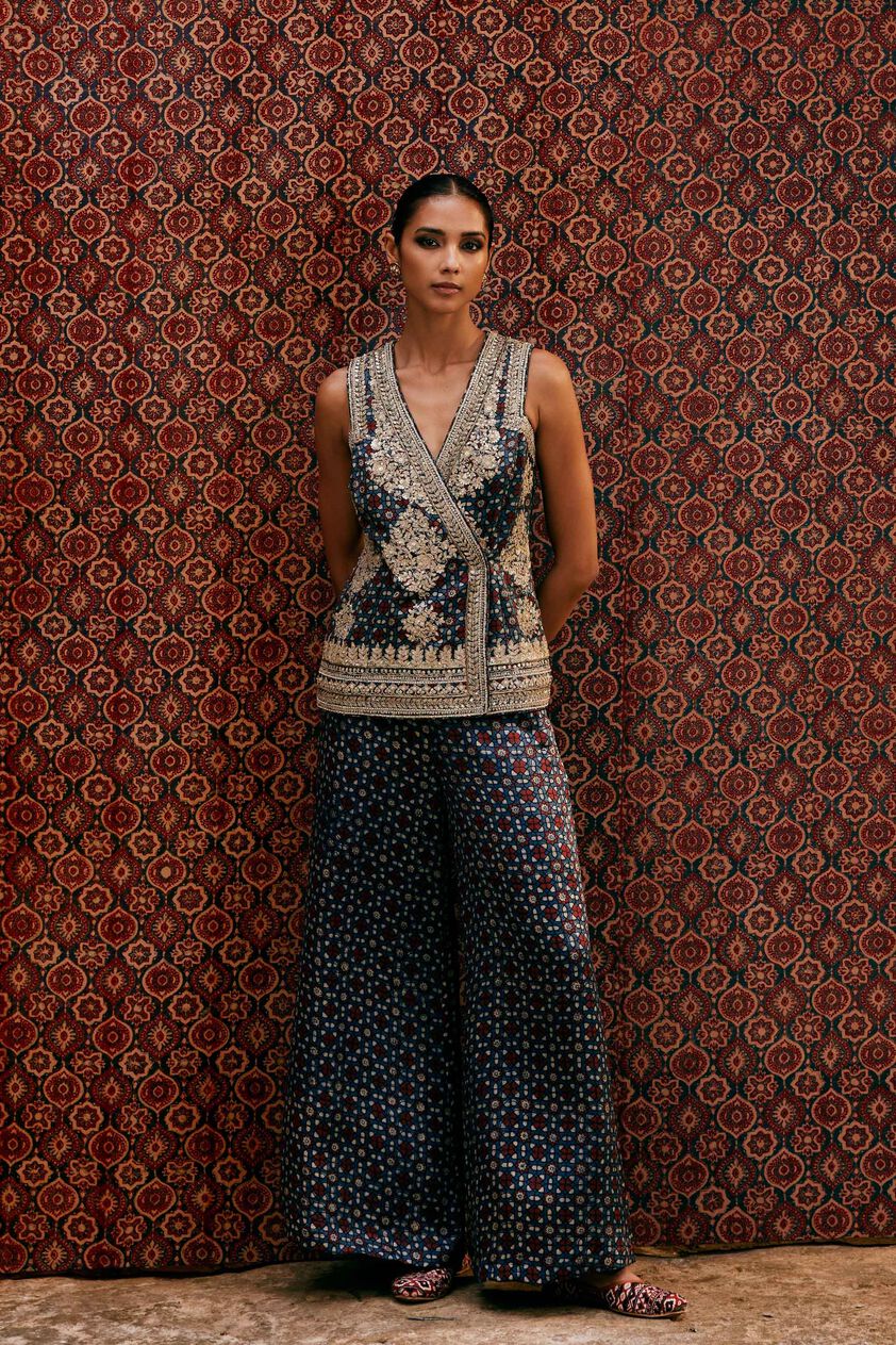 Bahada Ajrakh Hand-block Printed Silk Palazzo Set - Blue, Blue, image 1