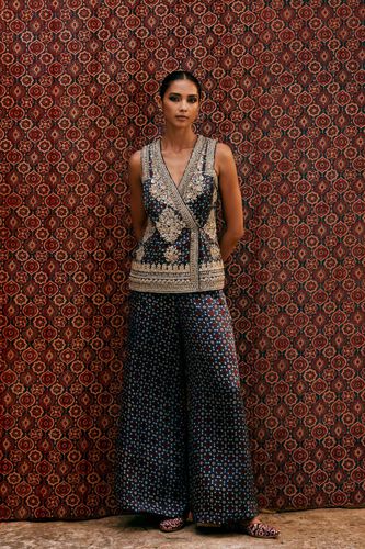 Bahada Ajrakh Hand-block Printed Silk Palazzo Set - Blue, Blue, image 1