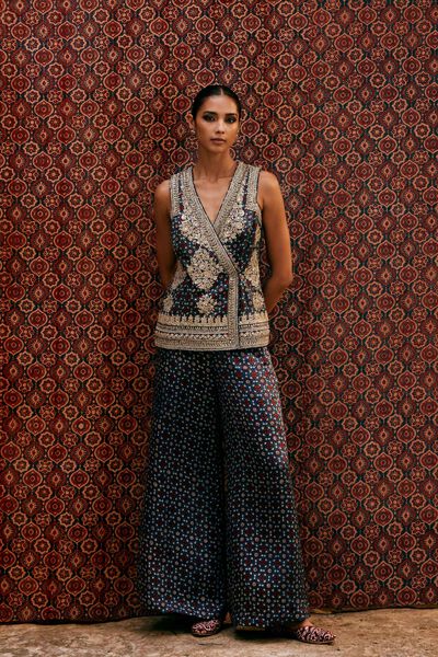Bahada Ajrakh Hand-block Printed Silk Palazzo Set - Blue
