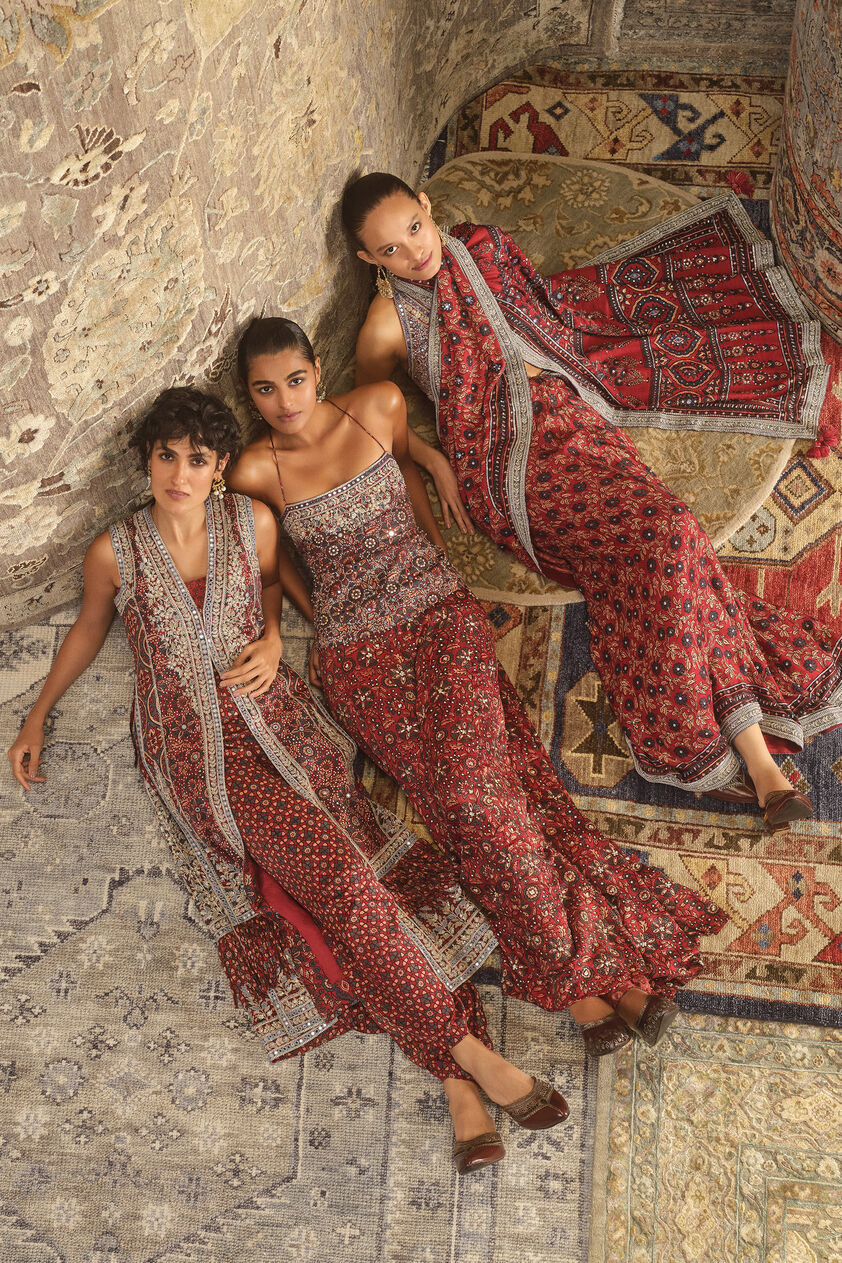 Hridya Ajrakh Hand-block Printed Silk Sharara Set - Red, Red, image 3