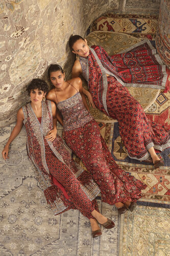 Hridya Ajrakh Hand-block Printed Silk Sharara Set - Red, Red, image 3