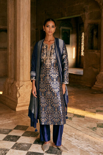 Samahita Handwoven Benarasi Silk Suit Set - Blue, Blue, image 1