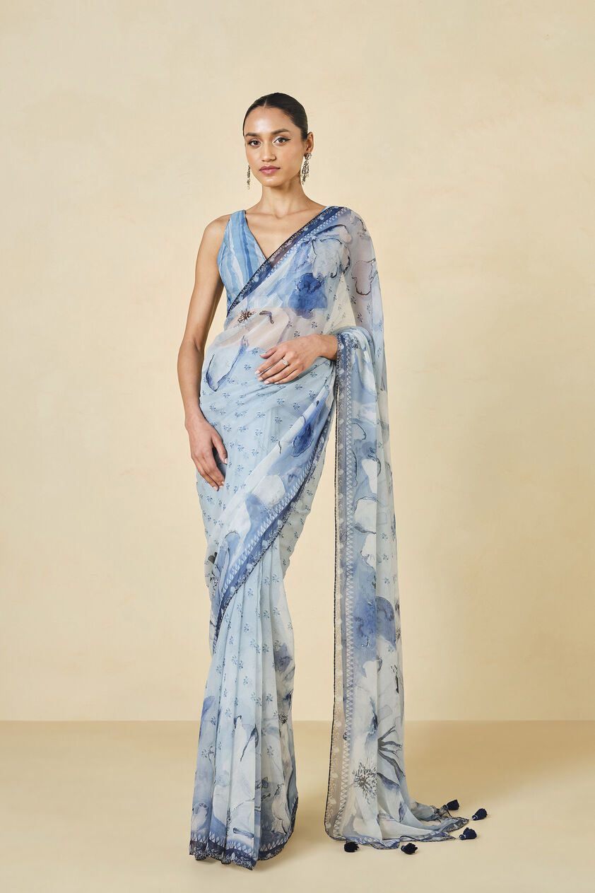 Mizani Printed Saree - Blue, Blue, image 1