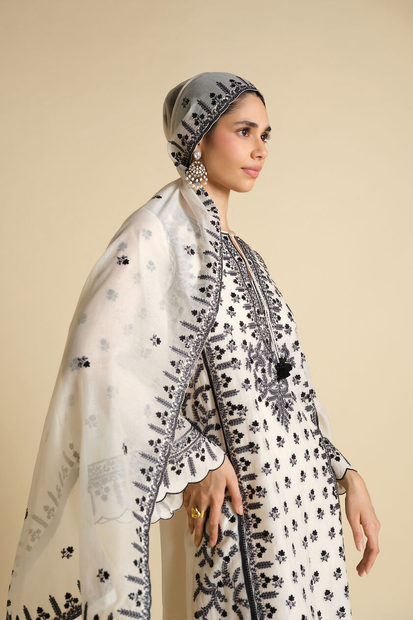 Sawsan Embroidered Mul Stole - Black & White, White, image 3