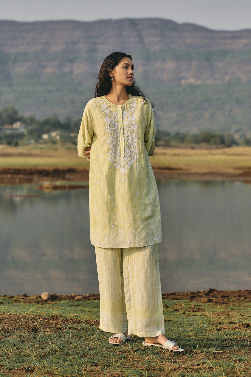 From The Mountain Hand-embroidered Chikankari Co-ord  - Lime, Lime, image 1