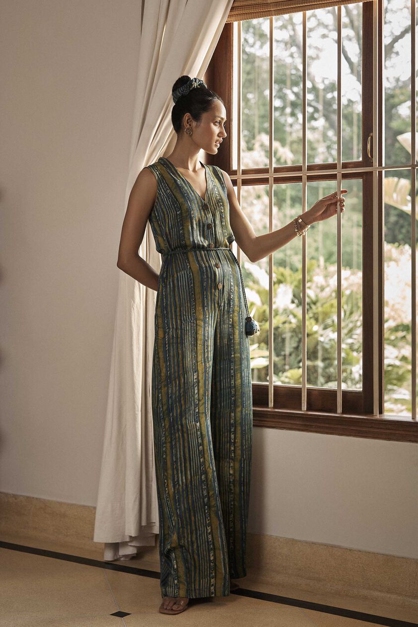 Ease Hand-block Printed Tassel Jumpsuit - Green, Green, image 6