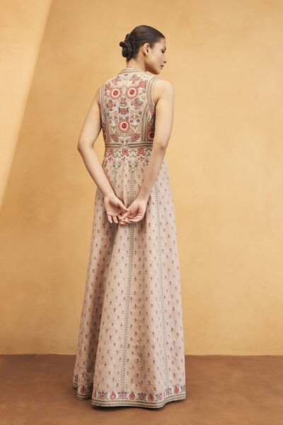 Symphony Of Flowers Embroidered Zardozi Silk Jacket Set - Hazelnut