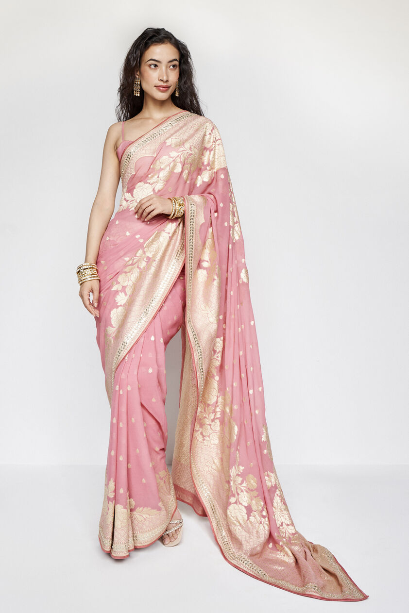 Abhinaya Benarasi Silk Embroidered Saree, Blush, image 1