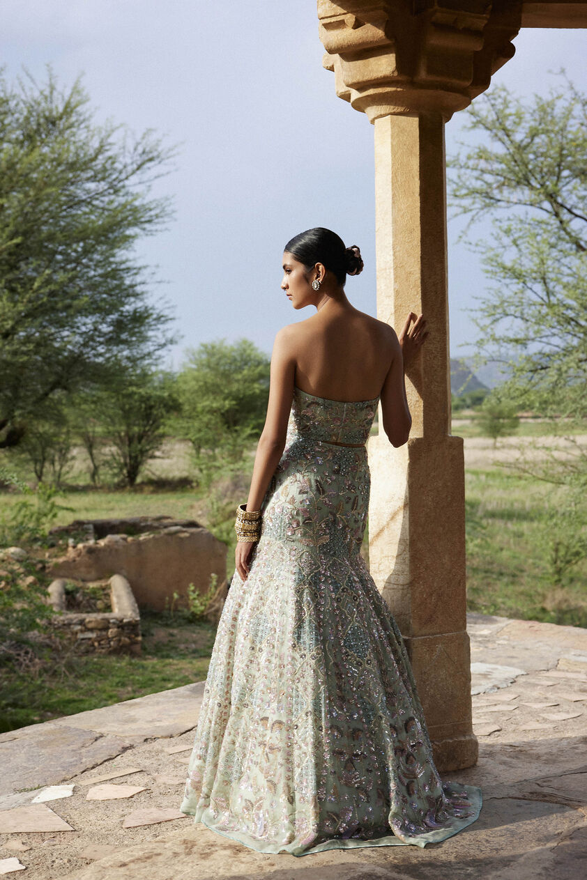 Kusha Embroidered Silk Skirt Set - Sage, Sage, image 2