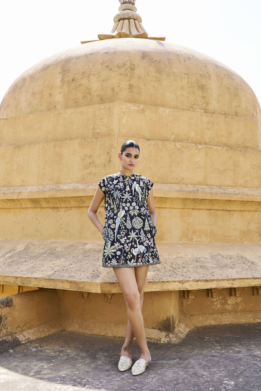 Symphony Of Songbirds Hand-painted Pichhwai Silk Dress - Black, Black, image 2