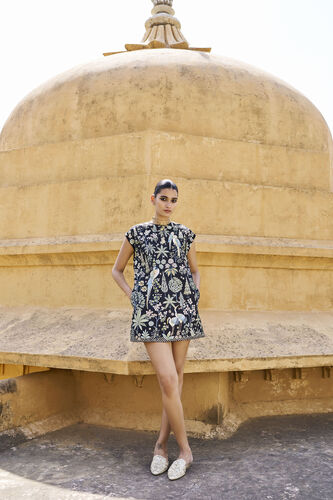 Symphony Of Songbirds Hand-painted Pichhwai Silk Dress - Black, Black, image 2