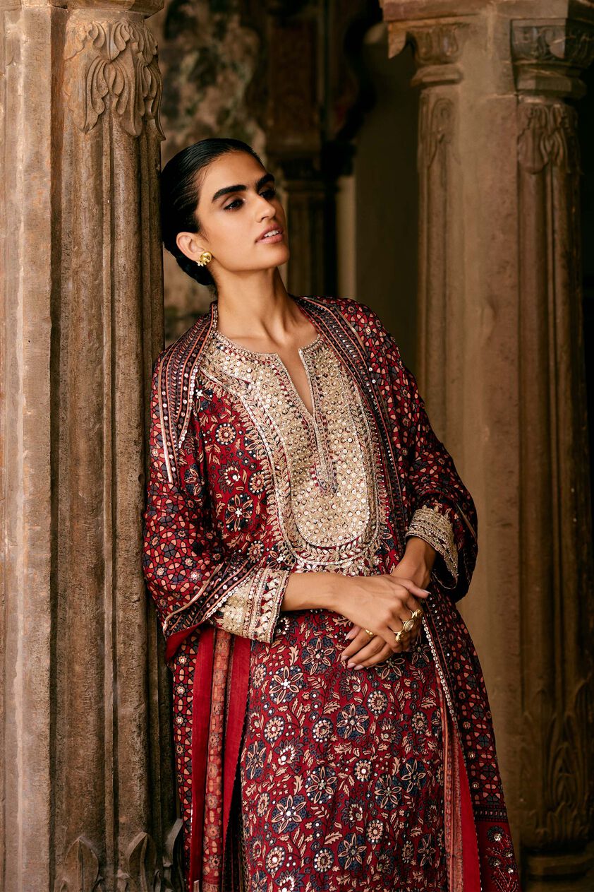 Kasano Ajrakh Hand-block Printed Silk Suit Set - Red, Red, image 2
