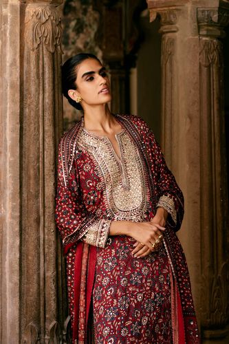 Kasano Ajrakh Hand-block Printed Silk Suit Set - Red, Red, image 2