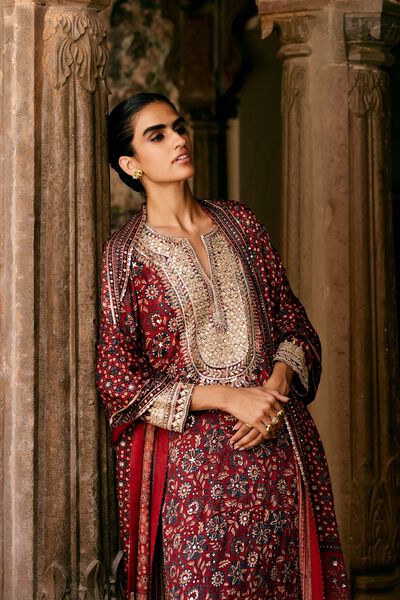 Kasano Ajrakh Hand-block Printed Silk Suit Set - Red