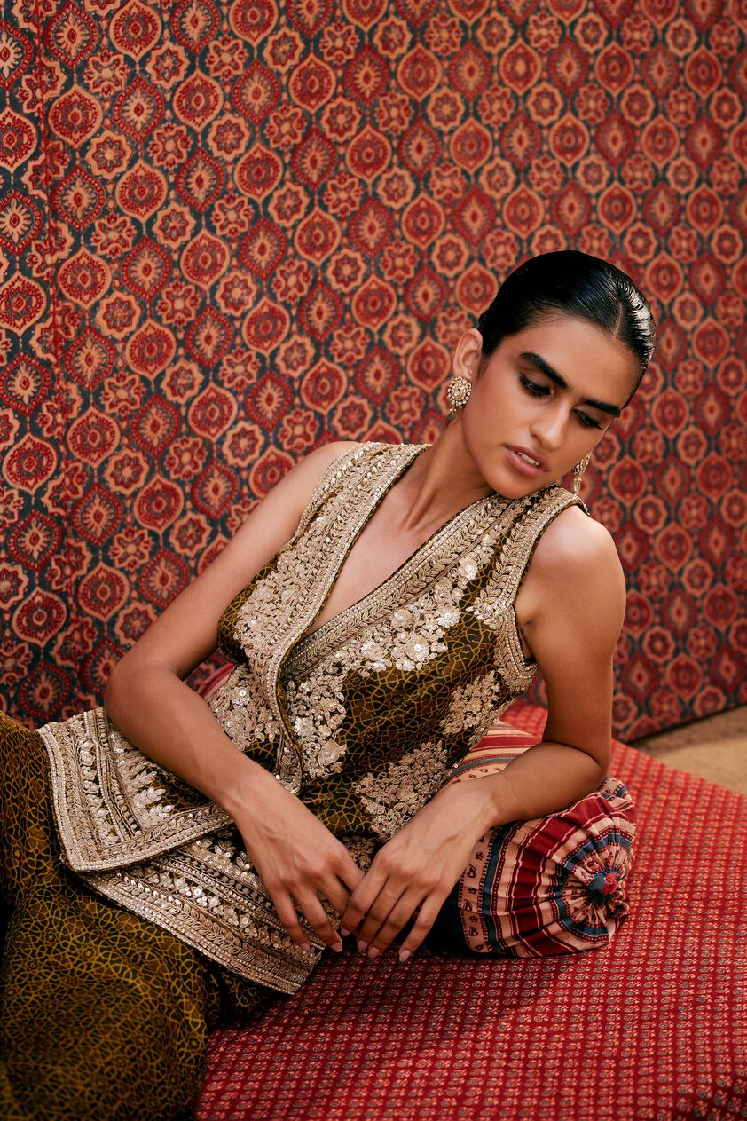 Bahada Ajrakh Hand-block Printed Silk Palazzo Set - Olive, Olive, image 2