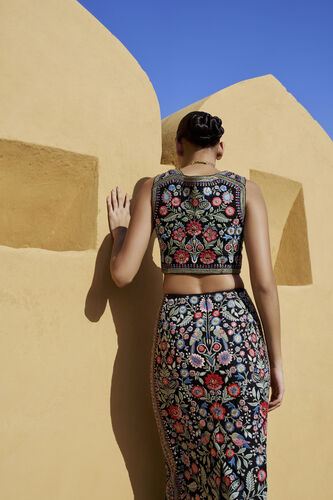 Floral Ballad Embroidered Silk Skirt Set - Black, Black, image 4