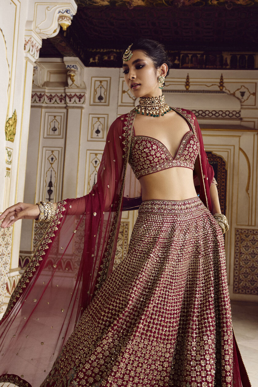 Almika Embroidered Silk Lehenga Set - Ruby, Ruby, image 3