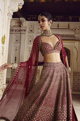 Almika Embroidered Silk Lehenga Set - Ruby, Ruby, image 3