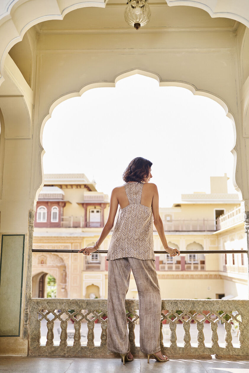 Inhale Embroidered Hand-block Print & Gold Khadi Coord - Grey, Grey, image 2