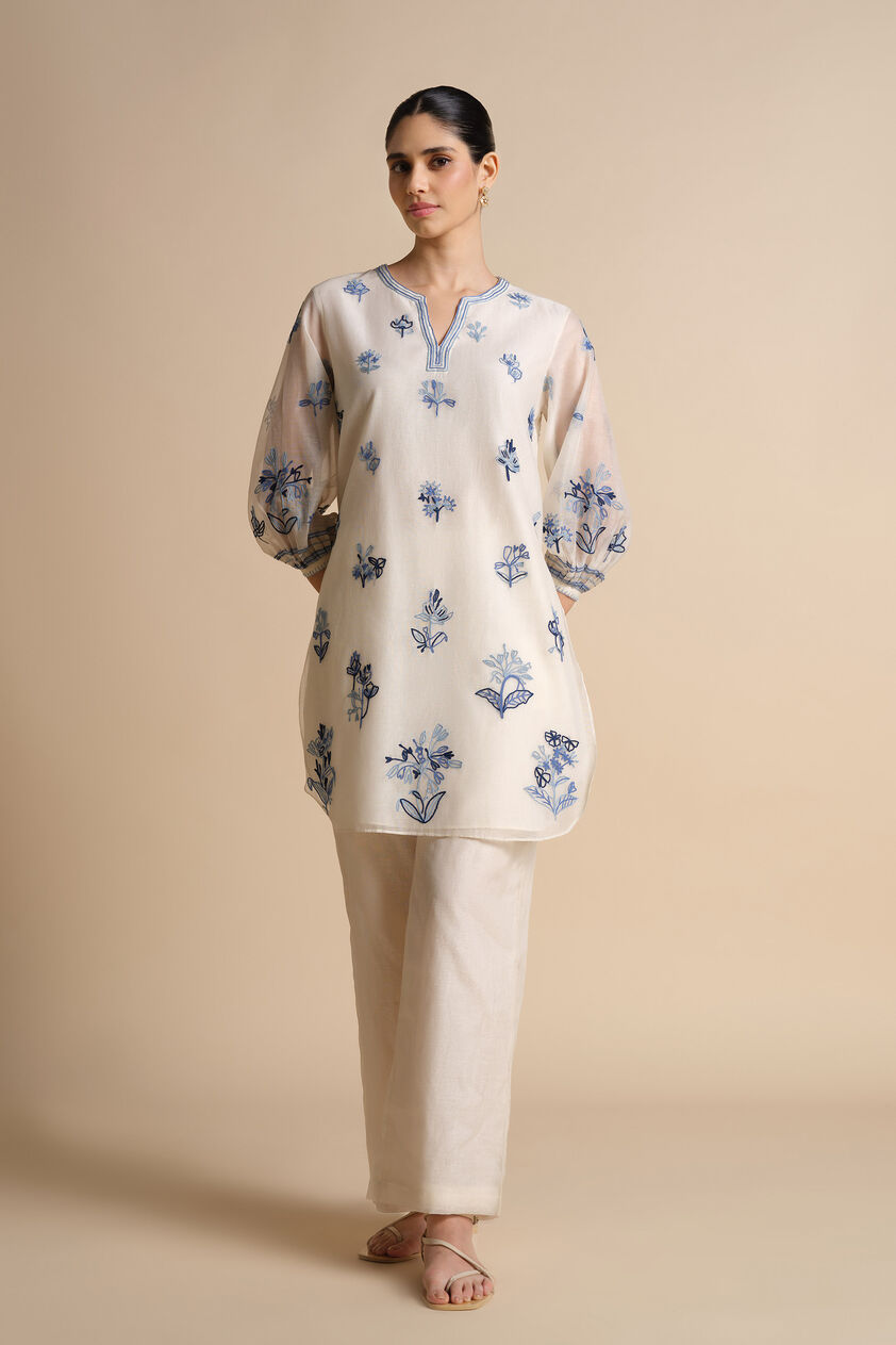 Plume Hand-embroidered SEWA Silk Co-ord - Ivory, Ivory, image 1