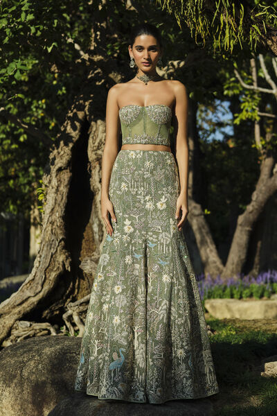 Elodea Embroidered Silk Skirt Set - Sage