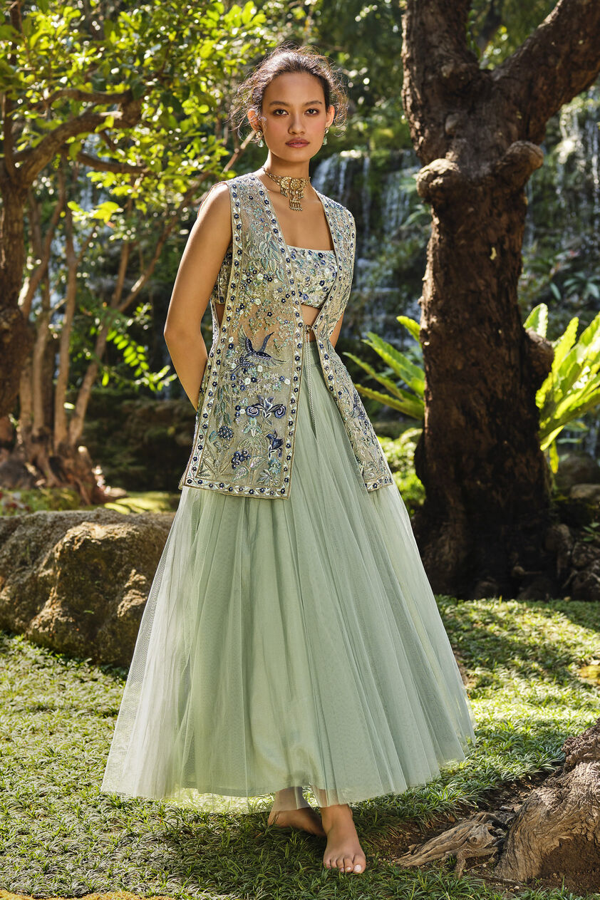 Ardis Embroidered Silk Skirt Set - Sage, Sage, image 1