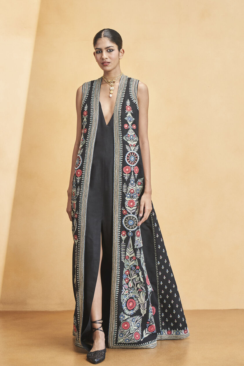Symphony Of Flowers Embroidered Zardozi Silk Jacket Set - Black, Black, image 4