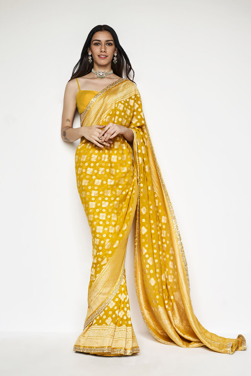 Chrisoula Benarasi Silk Gota Patti Saree - Yellow, Yellow, image 1