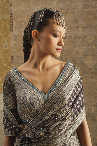 Koyyaro Ajrakh Hand-block Printed Silk Lehenga Set - Black, Black, image 4