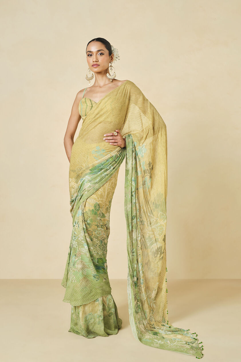 Naida Georgette Pre-draped Saree - Sage, Sage, image 2