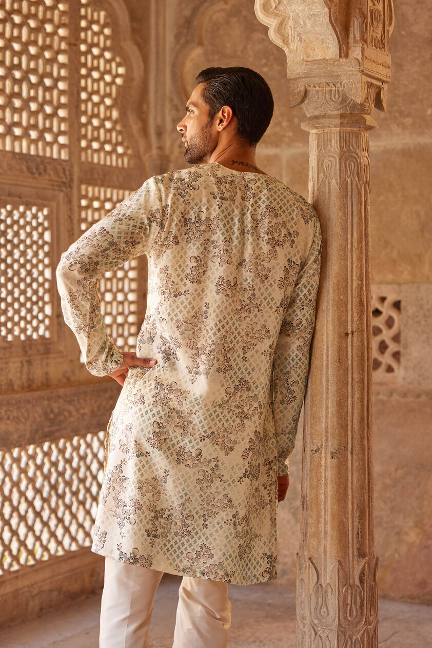 Rukham Printed Silk Kurta - Ivory, Ivory, image 2