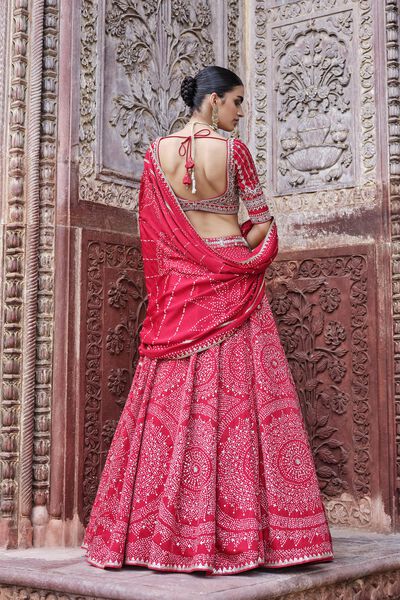 Raya Handcrafted Bandhani Silk Lehenga Set - Red
