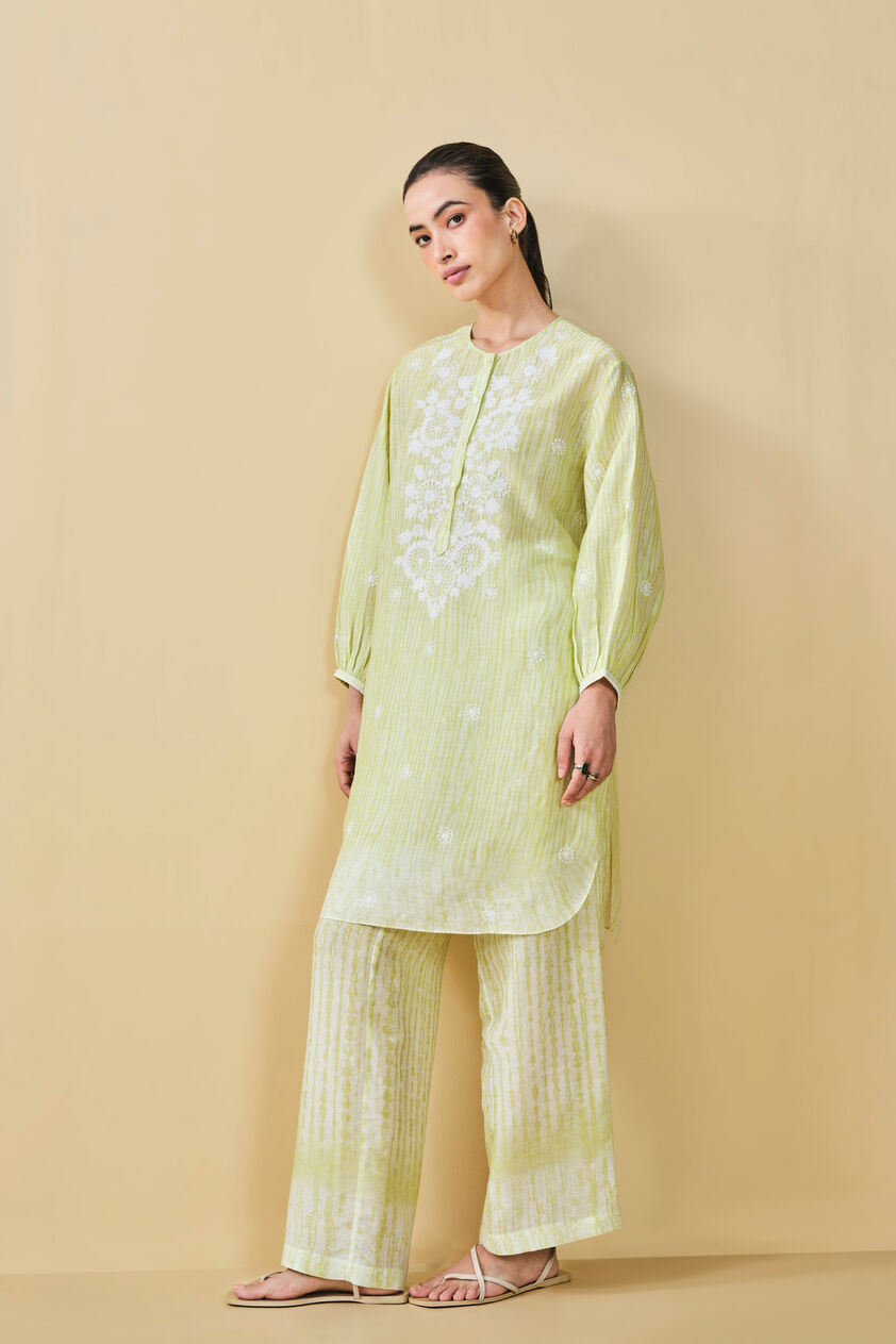 From The Mountain Hand-embroidered Chikankari Co-ord  - Lime, Lime, image 4