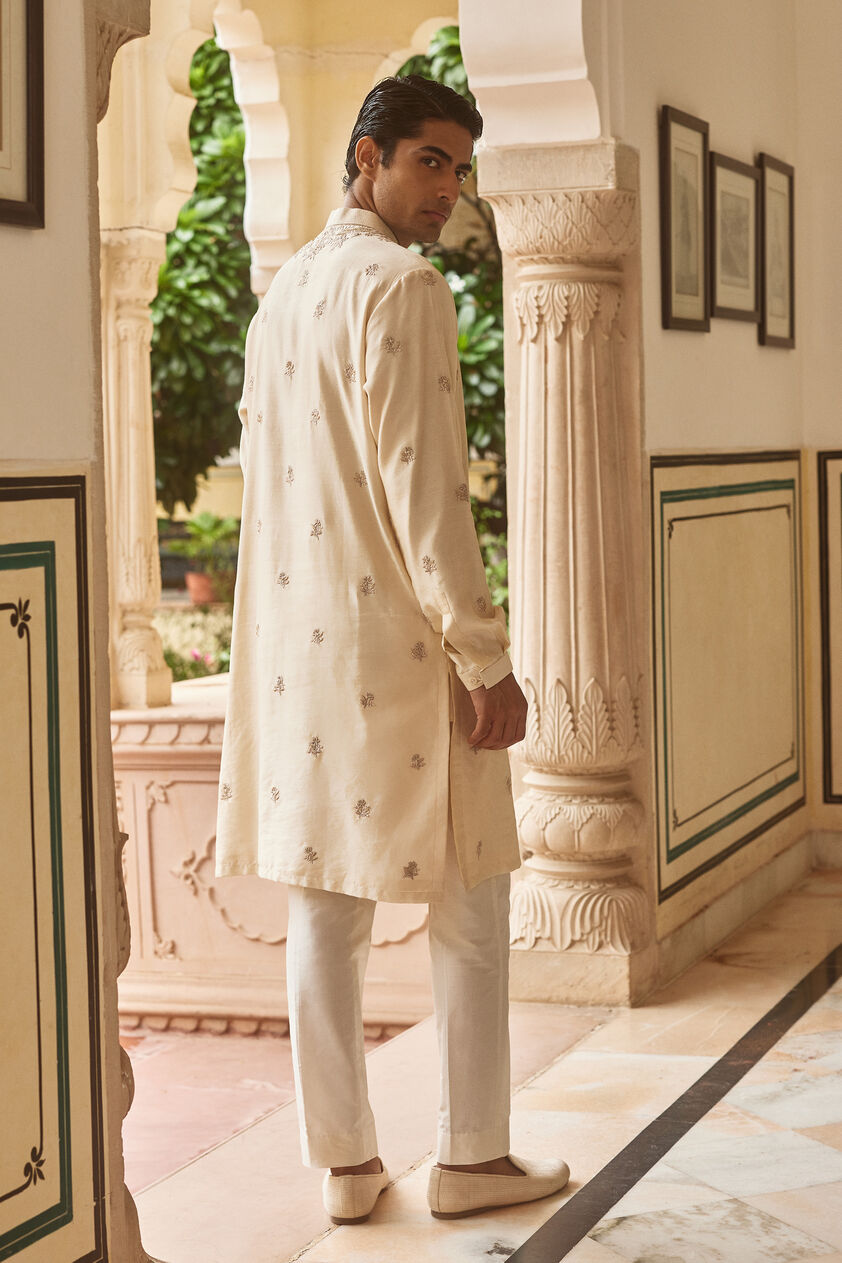 Jagan Embroidered Silk Kurta - Cream, Cream, image 2