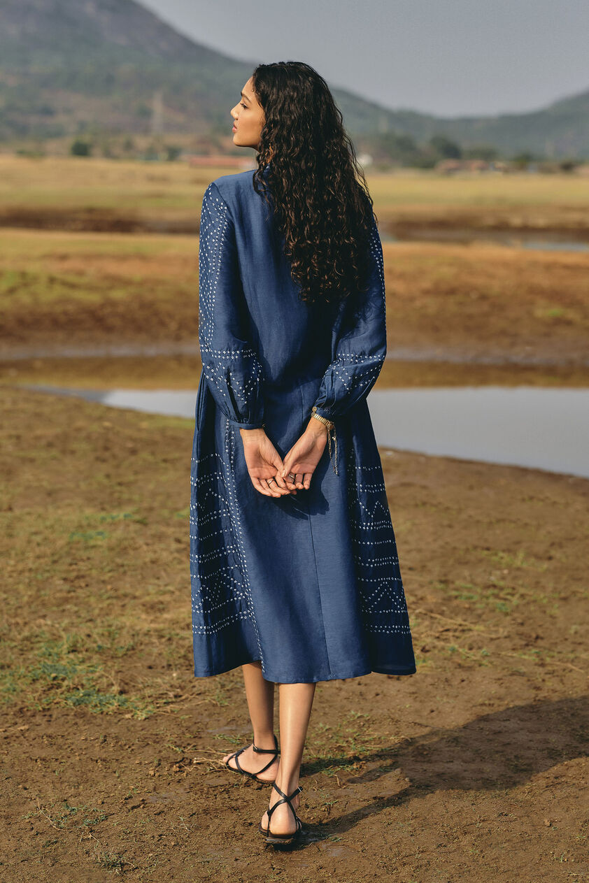 Windswept Handcrafted Bandhani Linen Dress - Indigo, Indigo, image 2