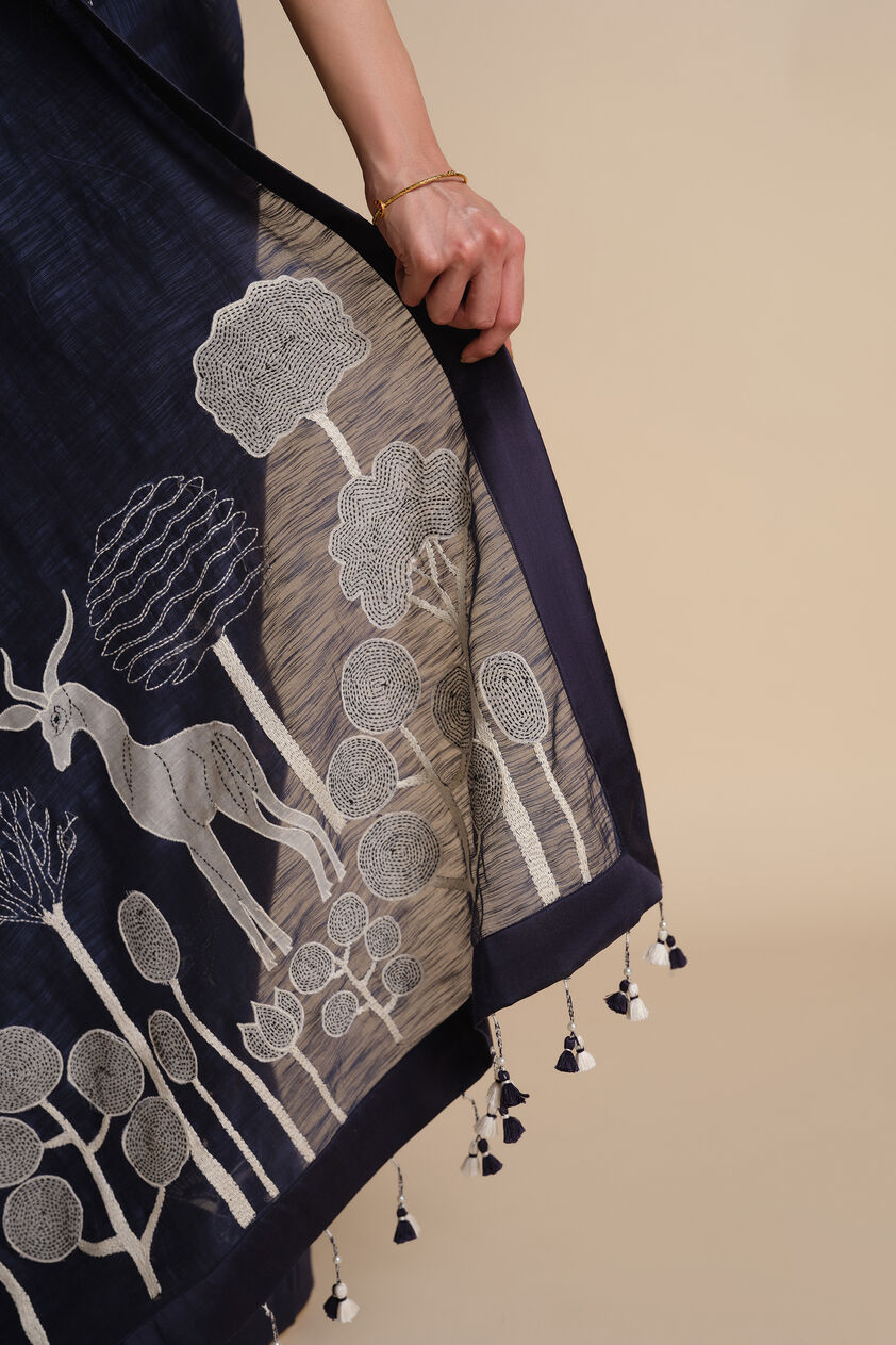 Shahaf Hand-embroidered Kantha Saree - Indigo, Indigo, image 6