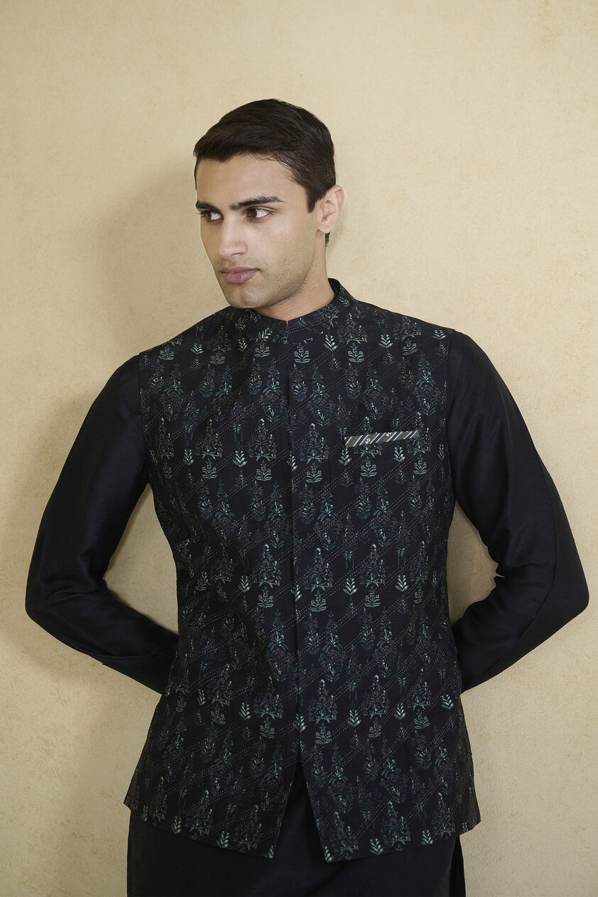Edhas Embroidered & Printed Silk Nehru Jacket - Black, Black, image 5