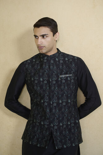 Edhas Embroidered & Printed Silk Nehru Jacket - Black, Black, image 5