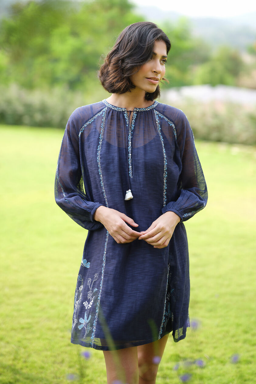 Folia Hand-embroidered Kantha Dress - Indigo, Indigo, image 3
