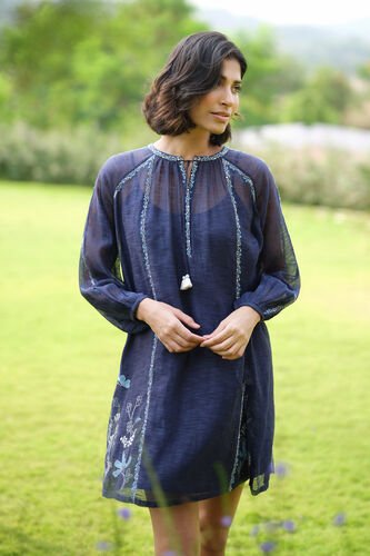 Folia Hand-embroidered Kantha Dress - Indigo, Indigo, image 3