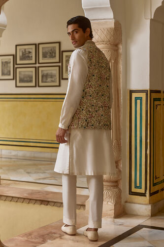 Avir Aari Embroidered Silk Nehru Jacket - Cream, Cream, image 2