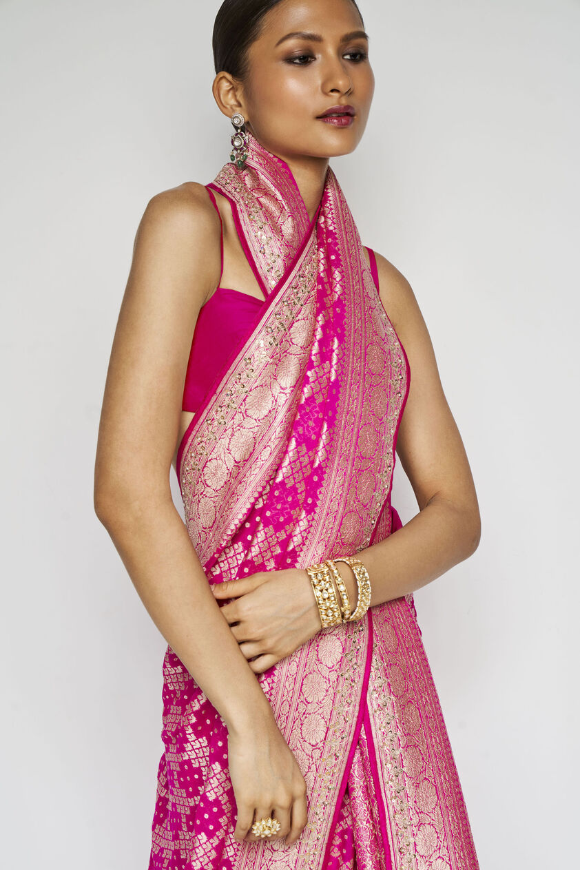 Gul Benarasi Silk Gota Patti Saree - Pink, Pink, image 6