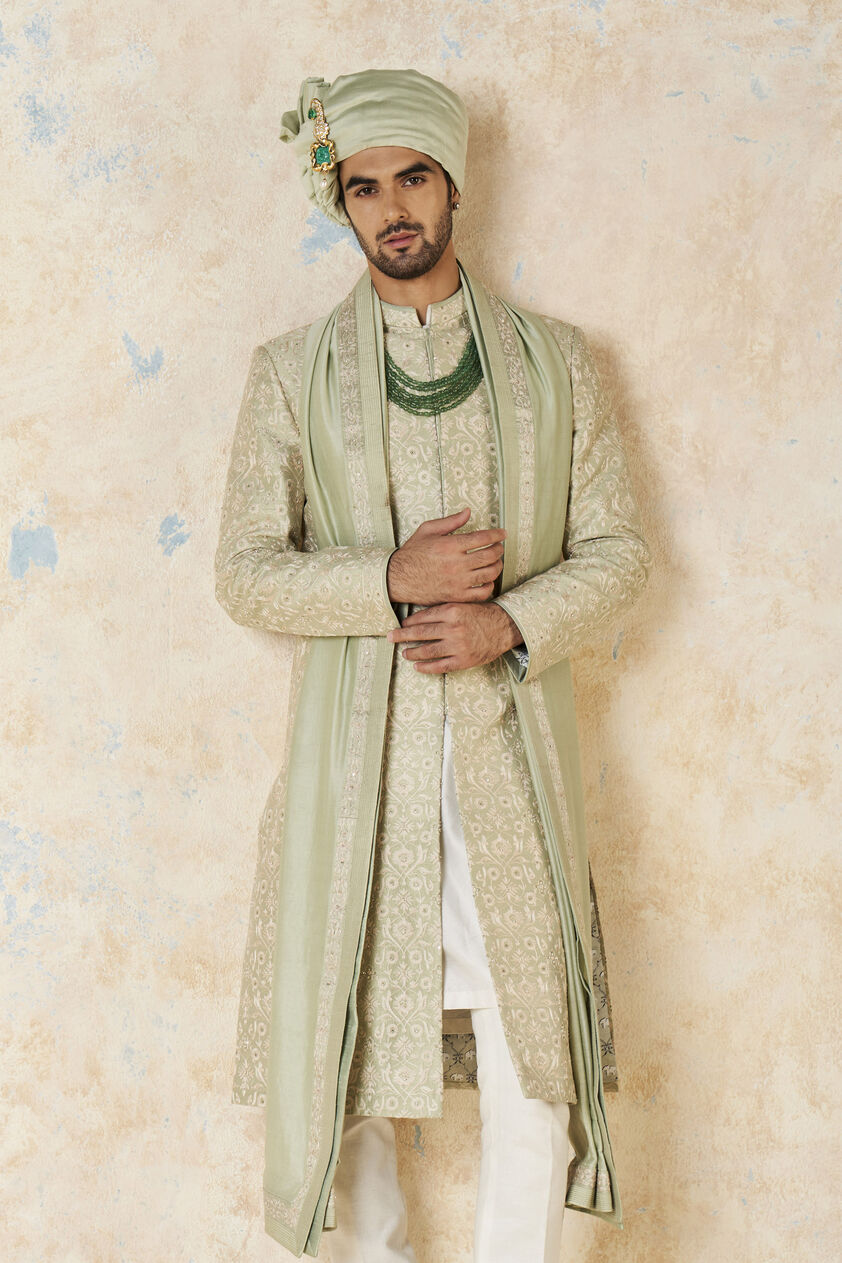 Aajay Zardozi & Aari Silk Sherwani - Sage, Sage, image 6