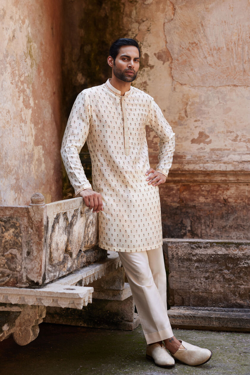 Kalhar Printed Silk Kurta - Ivory, Ivory, image 1