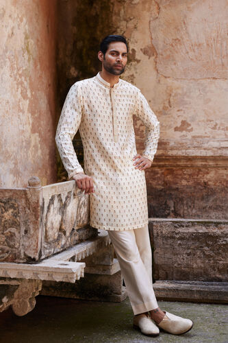 Kalhar Printed Silk Kurta - Ivory, Ivory, image 1