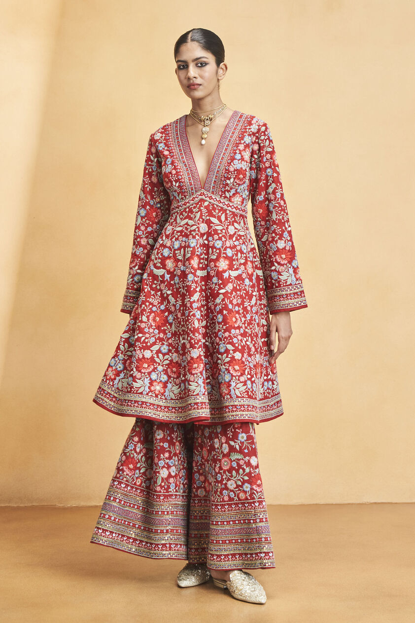 Floral Ballad Embroidered Zardozi Silk Kurta Set - Red, Red, image 2